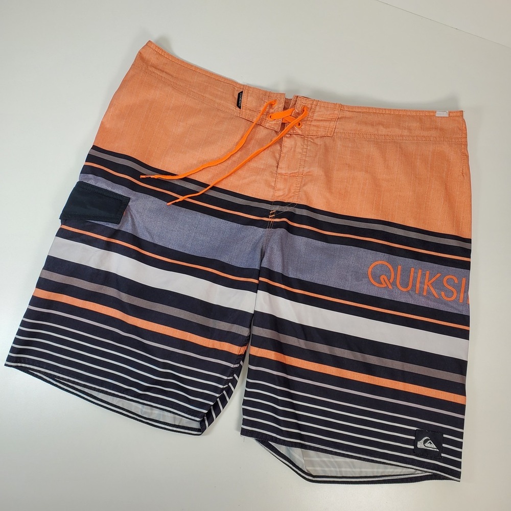 Quiksilver BoardShort Mens 40 Swim Striped Black Hook & Loop Pocket Grey Orange
